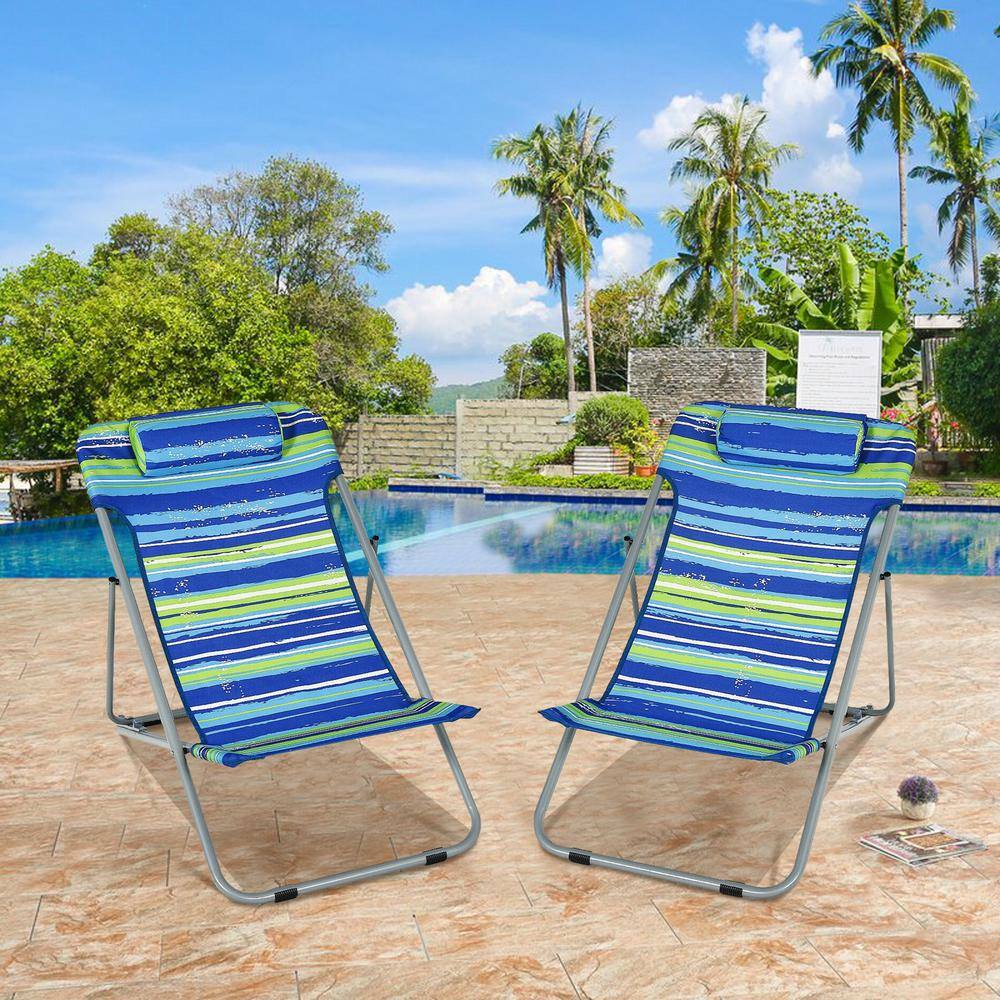 Blue Striped Folding Armless Camping Beach Chairs with Headrest, Set of 2