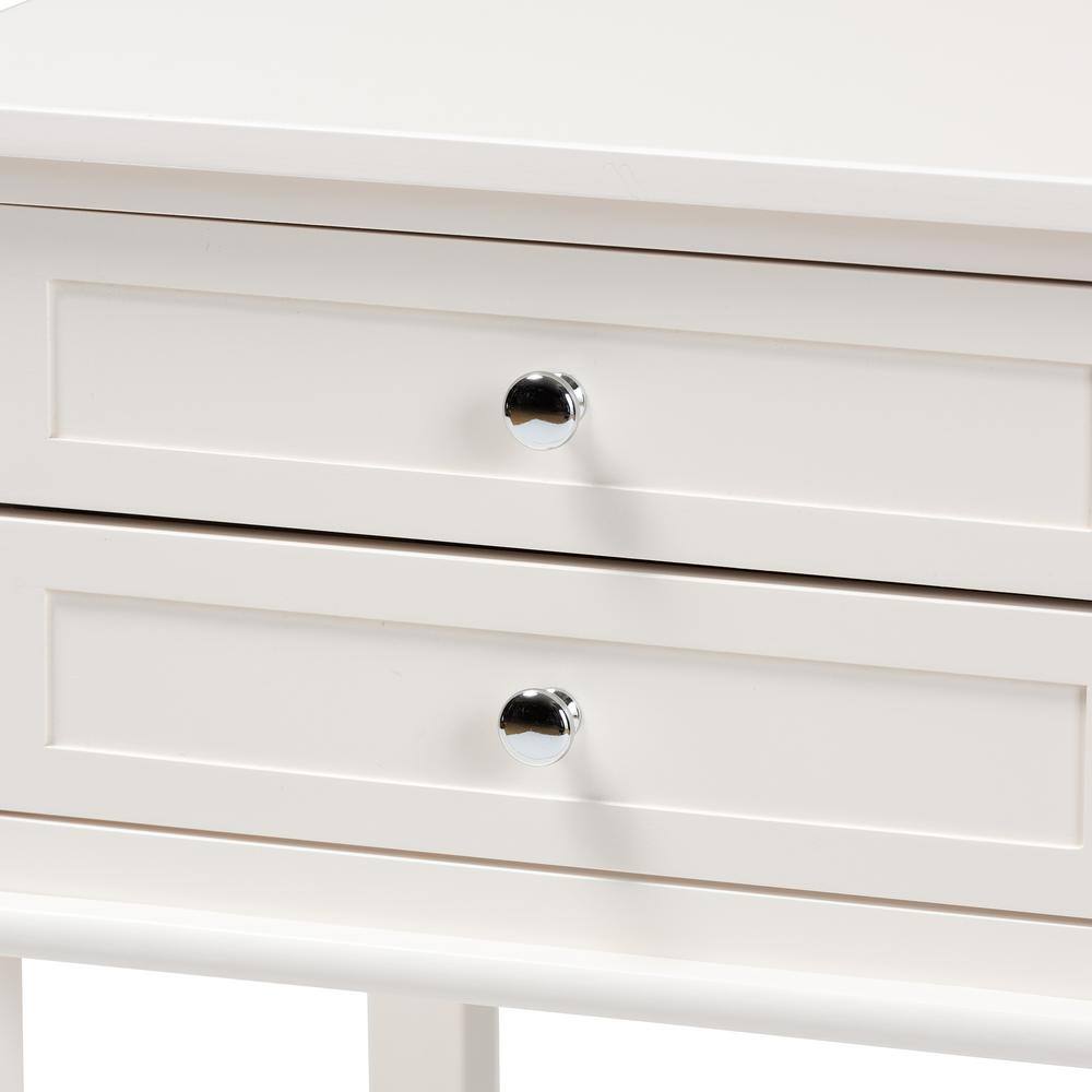 White Wood 2-Drawer Nightstand with Silver Knobs