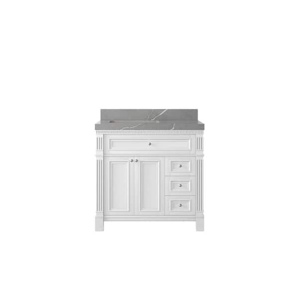 Willow Collections Paris 36 in. W x 22 in. D x 36 in. H Left Offset Sink Bath Vanity in White with 2 in. Piatra Gray qt. Top