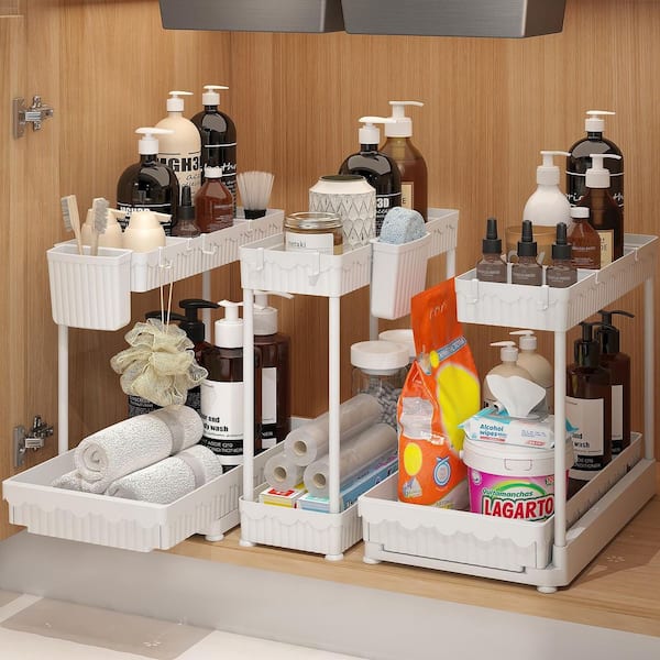 3 Pack Multi-Purpose Under Sink Organizers, L-Shaped Pull Out Cabinet Organizer with Hooks Hanging Cup, White