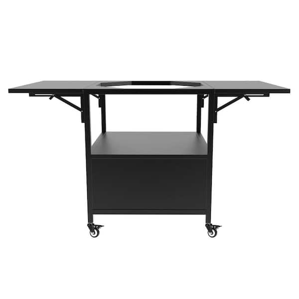 Black Metal Outdoor Grill Cart for Big Green Egg with 2-Folding Panels