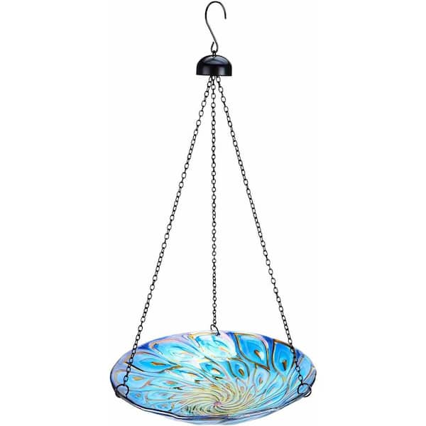 11 in. Hanging Bird Bath Glass BirdBath Peacock Outdoor Birdfeeder for Garden Yard Decoration