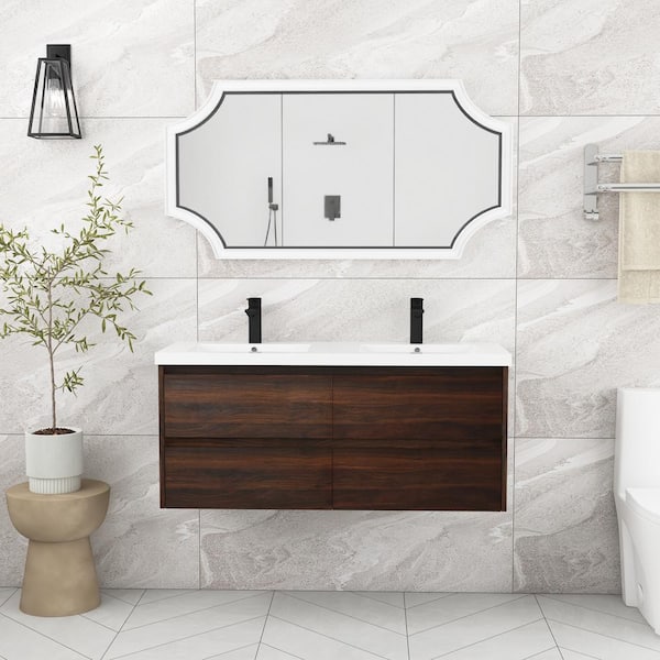 Unbranded 48 in. W Wall Mounted Bath Vanity in California Walnut with White Cultured Marble Top