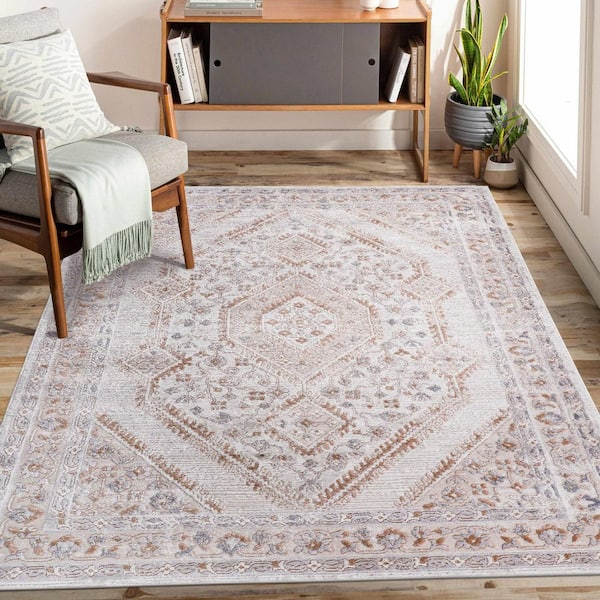 LOOM & LUXE Collection 5 ft. X 7.5 ft. Cream Bordered Non-Shedding Stylish and Stain Resistant Area Rug