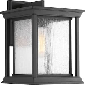 Endicott Collection 1-Light Textured Black Clear Seeded Glass Craftsman Outdoor Large Wall Lantern Light