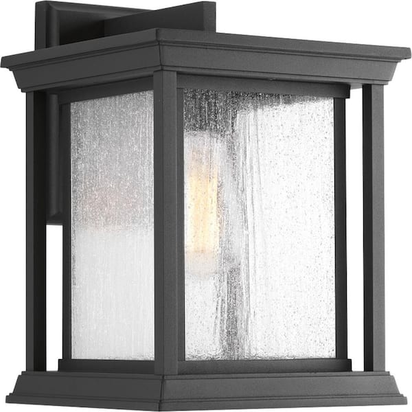 Progress Lighting Endicott Collection 1-Light Textured Black Clear Seeded Glass Craftsman Outdoor Large Wall Lantern Light