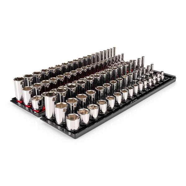 3/8 Inch Drive Shallow, Semi-Deep, and Deep 6-Point Socket Set with Rails and Trays, 102-Piece (1/4-1 in., 6-24 mm)