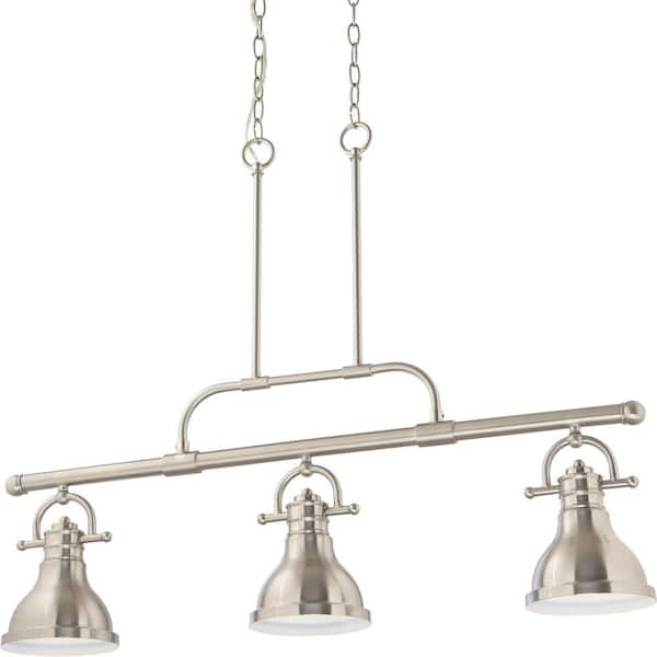 Volume Lighting 3 Light Integrated Led Indoor Brushed Nickel Linear Kitchen Island Hanging Pendant With Bell Shaped Bowls V1246 33 The Home Depot Volume Lighting 3 Light Integrated Led, Linear Kitchen Island Lighting Brushed Nickel