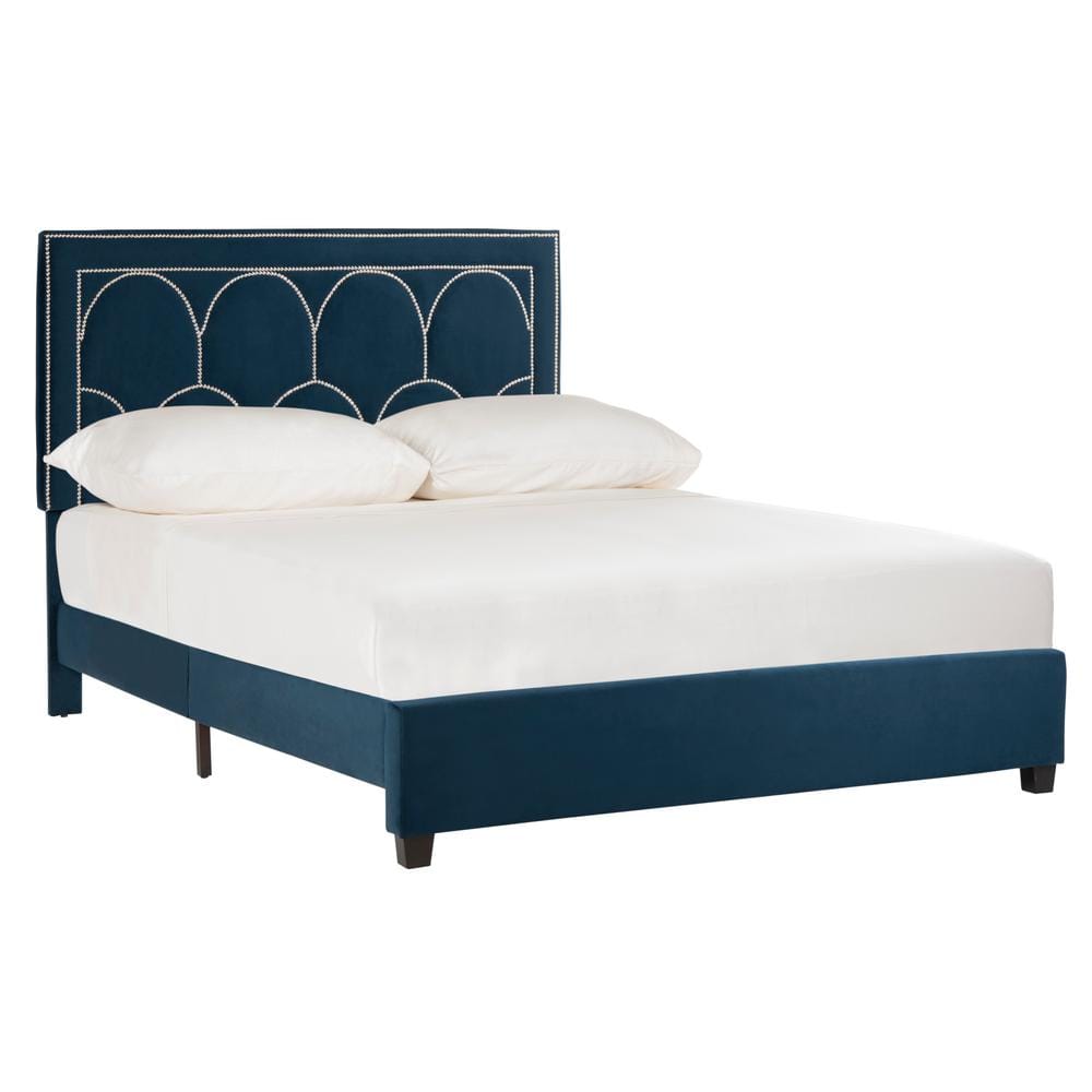 Navy Velvet Queen Platform Bed with Nailhead Trim