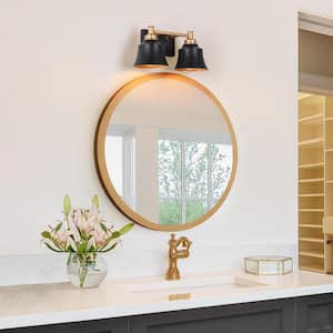 Modern 14 in. 2-Light Painted Black and Gold Bath Vanity Light with Bell Metal Shades
