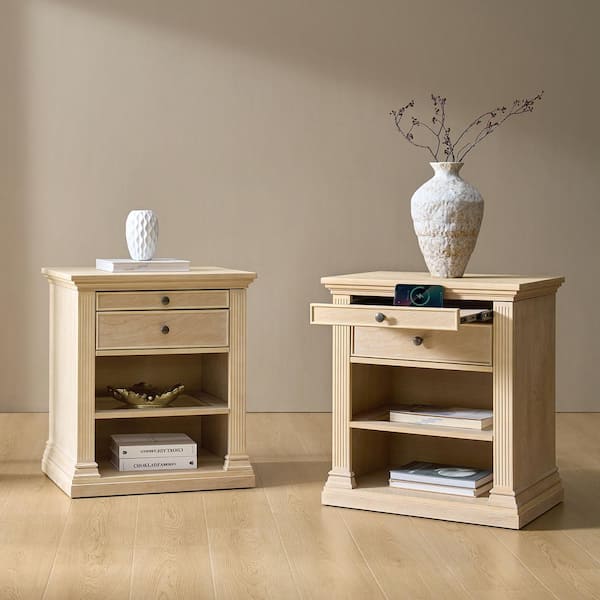 JAYDEN CREATION Verdad Natural 2-Drawer 24 in. Wide Nightstand with Adjustable Shelves and Charging Stations, (set of 2)