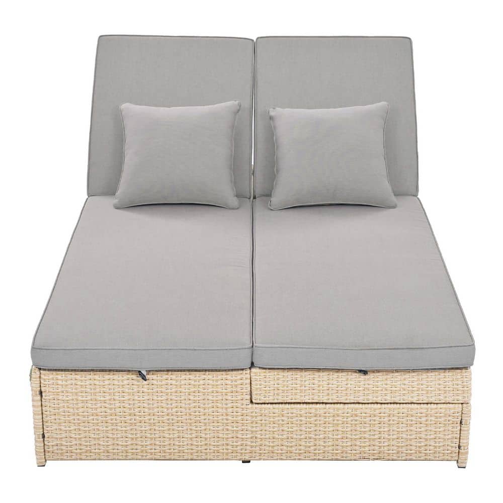 Brown Wicker Rattan Outdoor Double Day Bed with Adjustable Backrest and Gra
