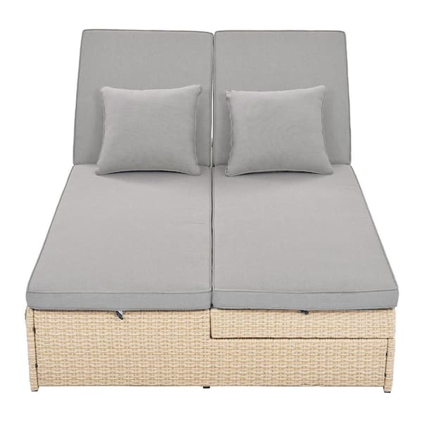 Unbranded Brown Wicker Rattan Outdoor Double Day Bed with Adjustable Backrest and Gray Cushions for Backyard, Patio, Poolside