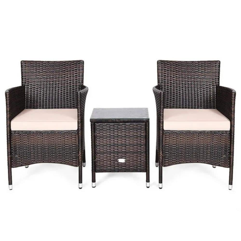 Brown 3 Piece Wicker Outdoor Lounge Chair Without Sunshade with White Cushi