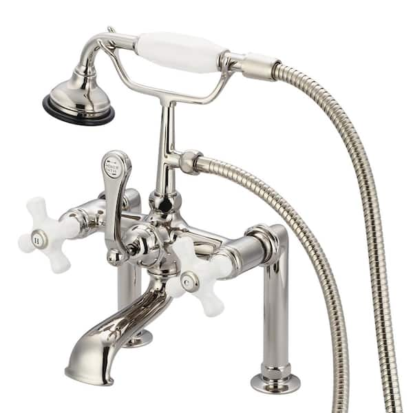 3-Handle Vintage Claw Foot Tub Faucet with Hand Shower and Porcelain Cross Handles in Polished Nickel PVD