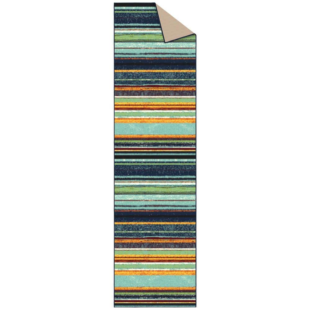 Multicolor Striped Non-Slip Synthetic Runner Rug, 2'7" x 9'10"