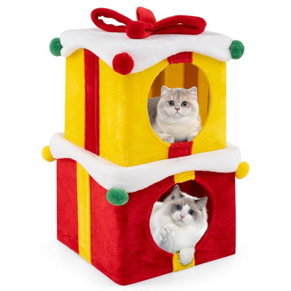 15.5 in. x 15.5 in. 2 Gift Box Shaped Cute Christmas Cat House with Bow