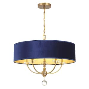 Van Noord 60-Watt 5-Light Oxidized Aged Brass Drum Pendant Light with Blue Velvet Shade and No Bulbs Included