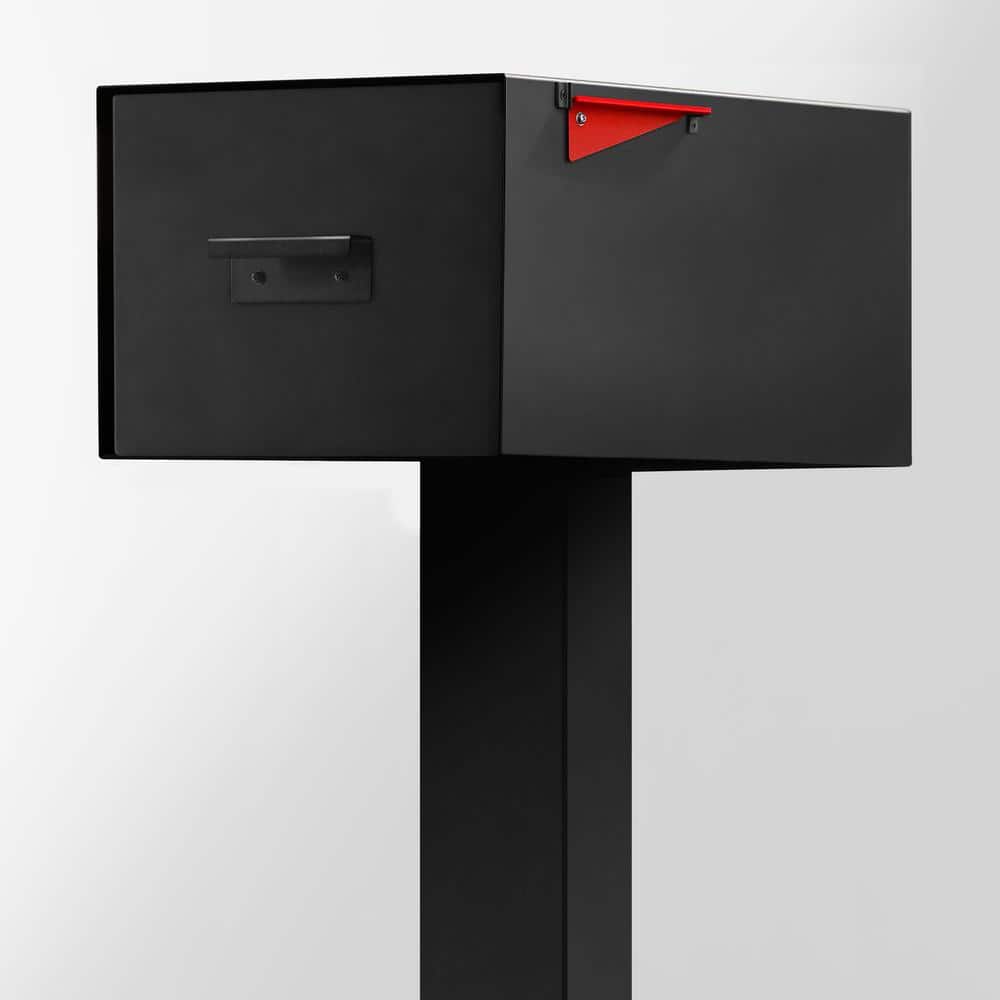Large Black Steel Post-Mounted Mailbox with Brass Numbers