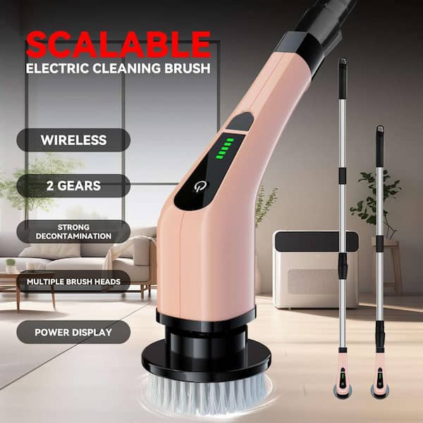 Cordless Portable Carpet Cleaners, Power Scrubber, 2-Speeds, 7-Brush Heads, Long Handle for Bathroom, Tub, Pink