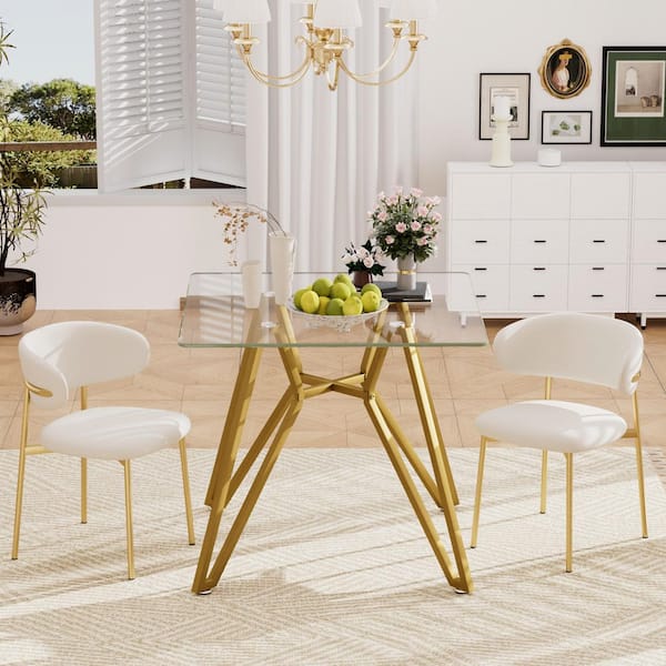 Gold Tempered Glass 35.4 in. W with Gold Metal 4 Legs Base Dining Table, Kitchen & Living Room Table for 3-4 People