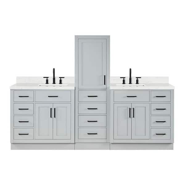 Hepburn 3-Piece 92 in. Wide Double Sink Bath Vanity And Linen Cabinet Set In Grey With Carrara White Quartz Top