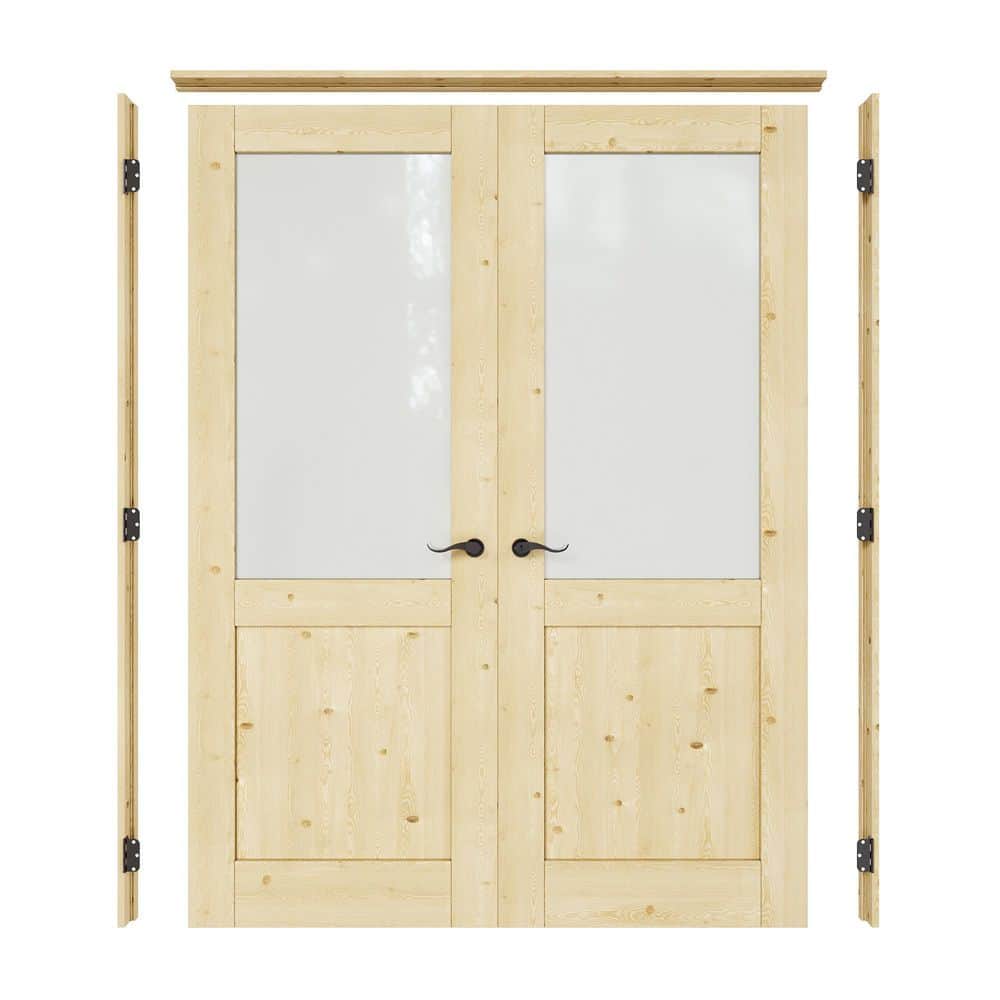 56 in. x 80 in. 1/2-Lite Frosted Glass Universal Solid Core Unfinished Pine Wood Double Prehung French Door+ Pine Jamb price history on PriceWatchPro