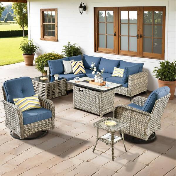 Savona 9-Piece Wicker Outdoor Patio Conversation Sectional Chair Set with Rectangular Fire Pit and Denim Blue Cushions