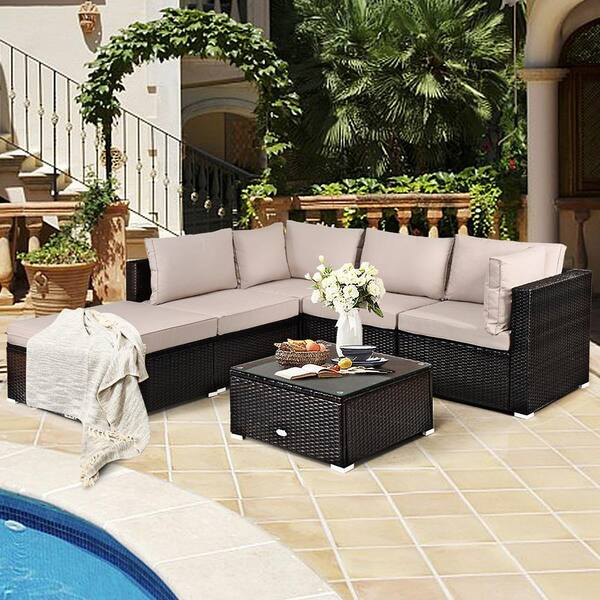 6-Piece Wicker Rattan Outdoor Sectional Set Outdoor Furniture Set with Beige Cushions