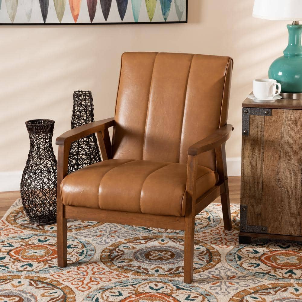 Ergonomic Mid-Century Tan Faux Leather & Walnut Wood Accent Chair