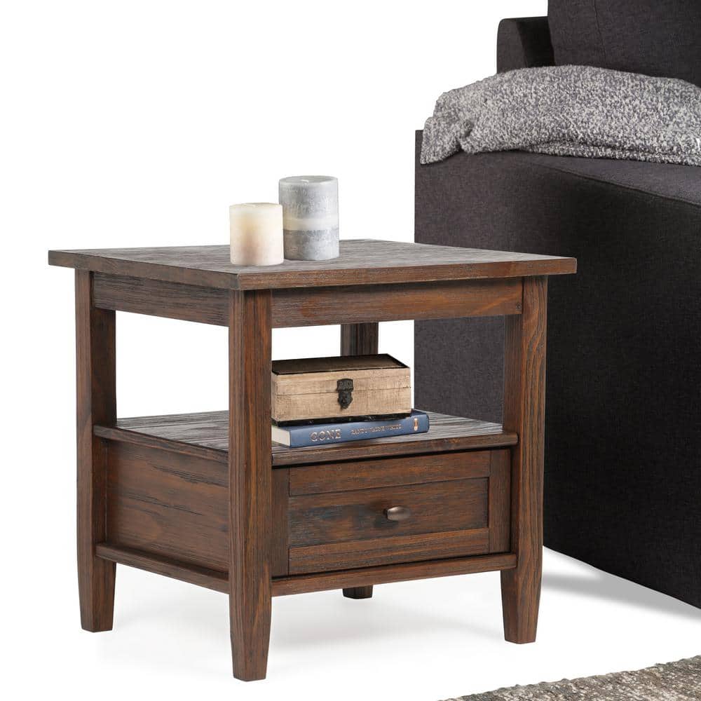 Distressed Charcoal Brown Solid Wood End Table with Storage