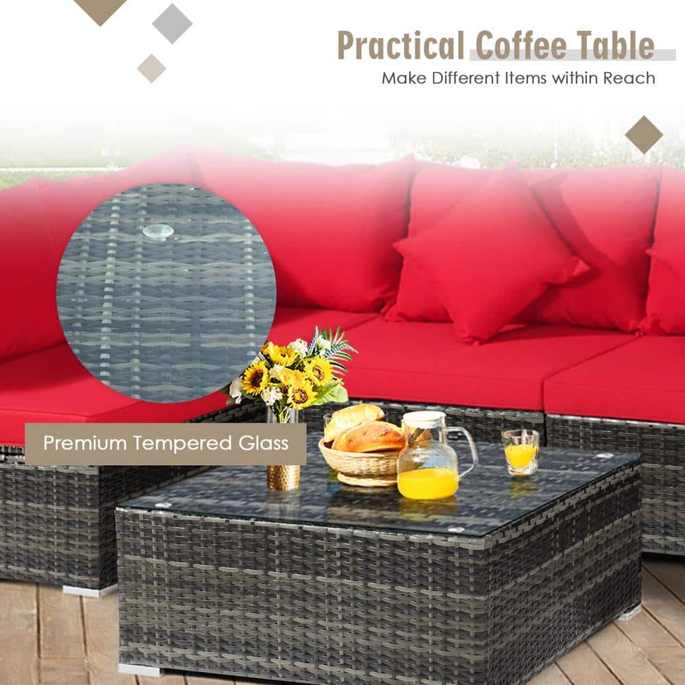 Red 7-Piece Outdoor Wicker Sectional Sofa Set with Cushions