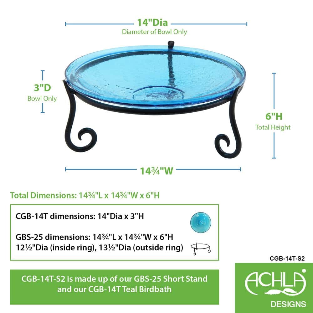 Teal Crackle Glass Birdbath Bowl with Wrought Iron Stand