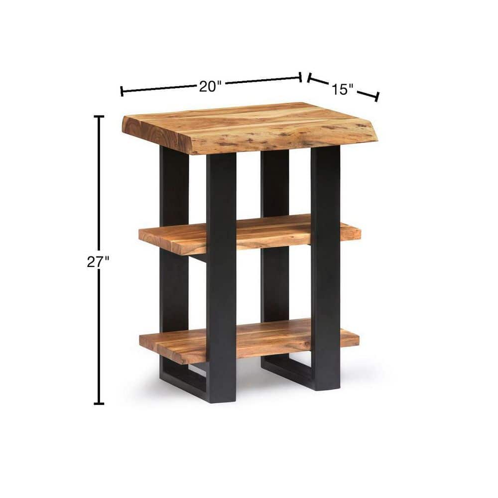 Alpine Natural Acacia Wood and Black Metal 2-Shelf End Table