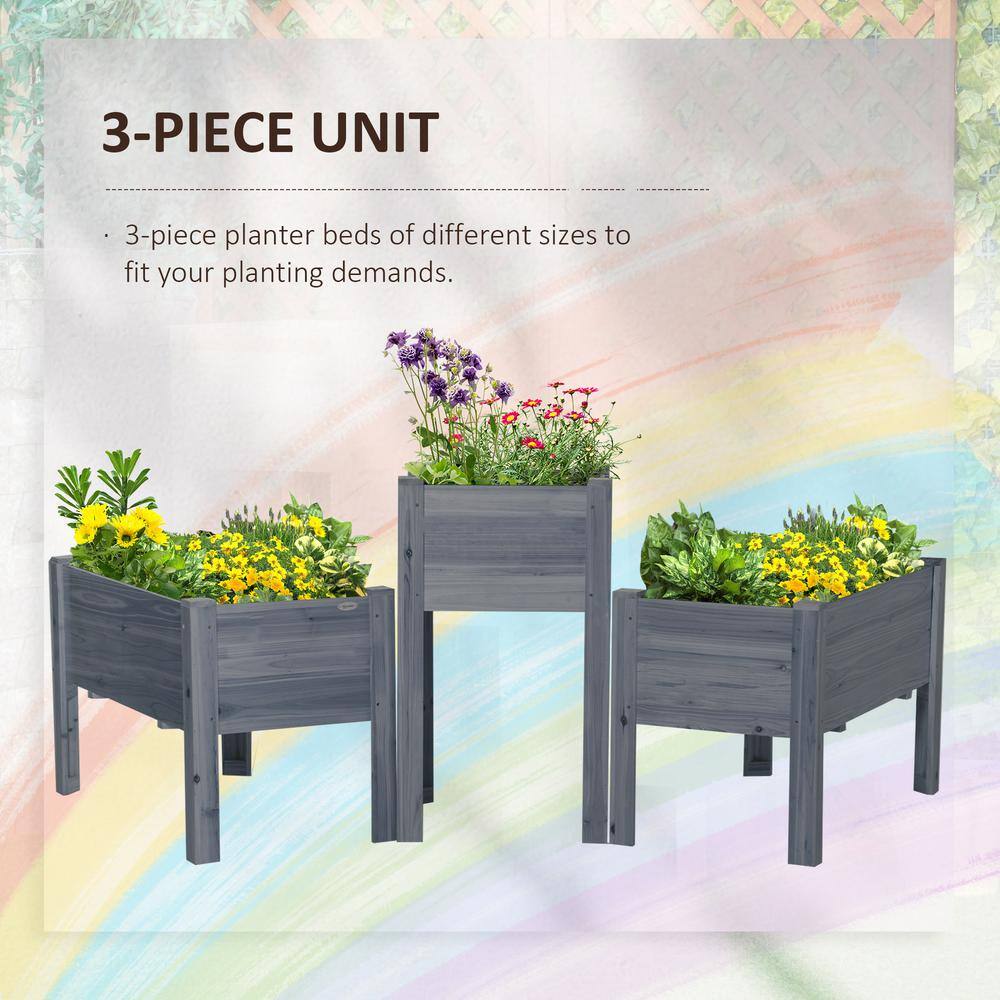 Elevated Gray Wood Garden Bed Trio for Deck and Yard