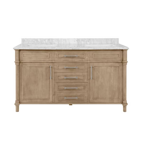 Aberdeen 60 in. Double Sink Antique Oak Bath Vanity with Carrara Marble Top (Assembled)