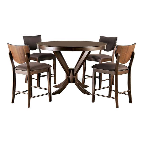 Furniture of America Raven 5-Piece Walnut and Dark Chocolate Solid Wood Top Round Counter Height Table Set (Seats 4)
