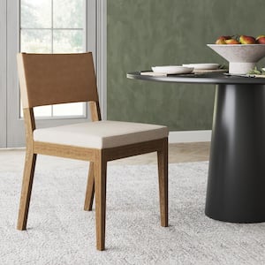 Linus 19 in. Modern Upholstered Dining Chair with Faux Leather Back and Solid Wood Wire-Brushed Legs, Light Brown