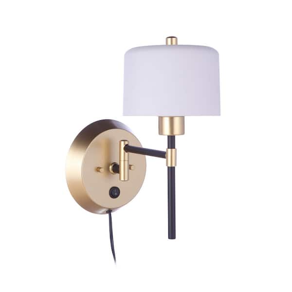 CRAFTMADE Wentworth 1-Light Black/Gold Finish Plug in Swing Arm Wall Lamp, On/Off Toggle Switch & Frosted Glass Shade, 72 in. Cord