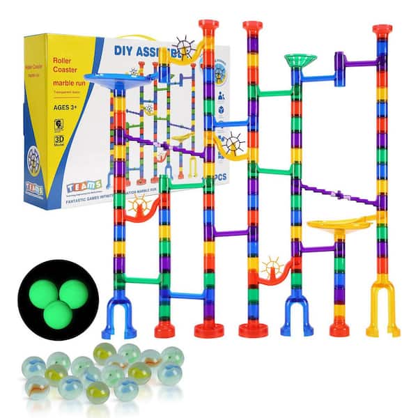 SKYSHALO Marble Run Set 150-Piece Marble Maze Building Block Brain Game with 10 Glow in the Dark Marbles Plus 40 Glass Marbles