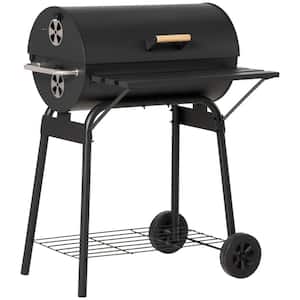 Portable Steel Outdoor Barrel Charcoal BBQ Grill in Black with Storage Shelf, Wheels