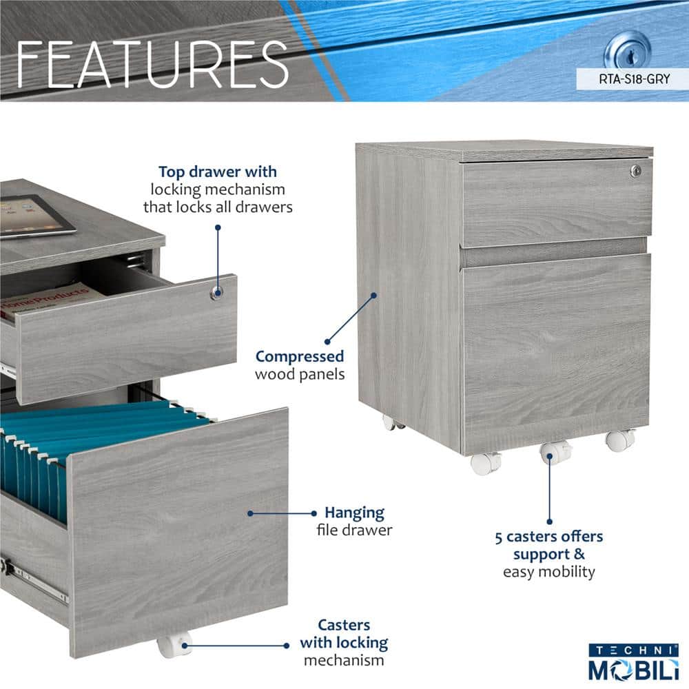 Gray MDF Lockable 2-Drawer Vertical Filing Cabinet