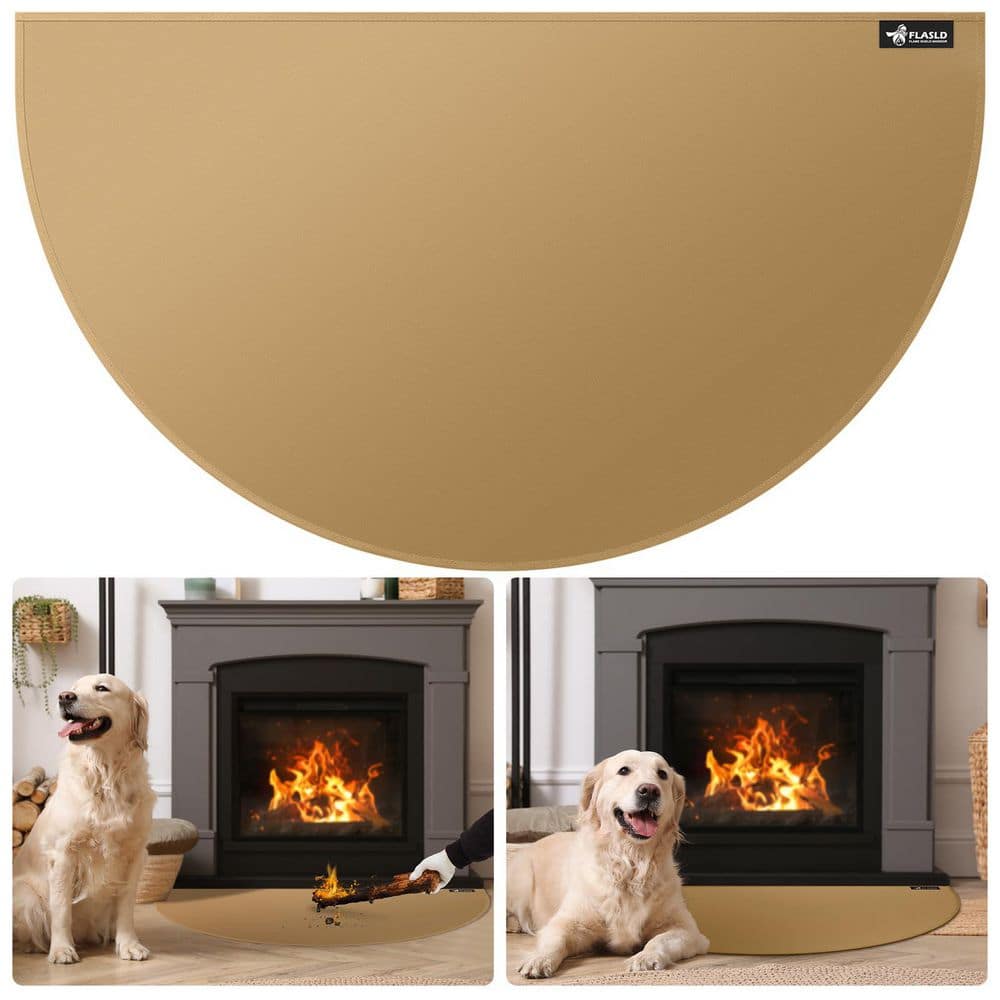3.5 ft. x 2 ft. Brown Half Round Hearth Rug, Fireproof Fireplace Mat Protec