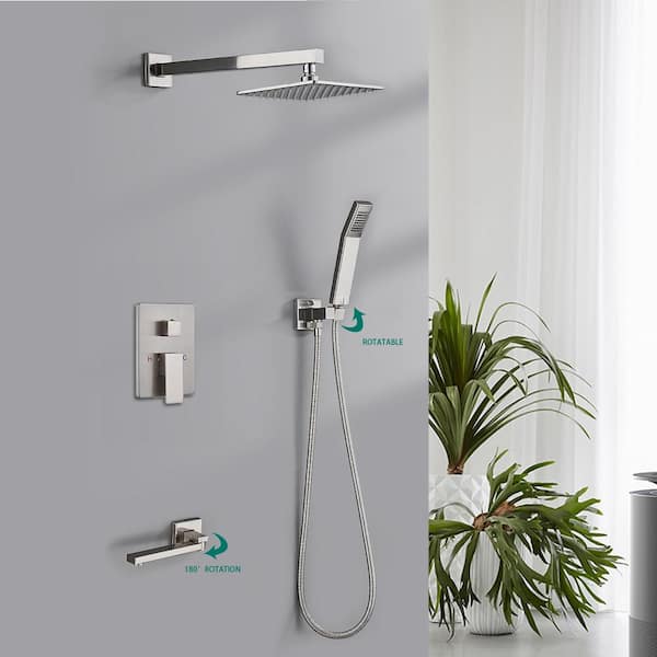 2-Handle 3-Spray Tub and Shower Faucet and Handheld Combo with 8 in. Shower Head in Brushed Nickel (Valve Included)