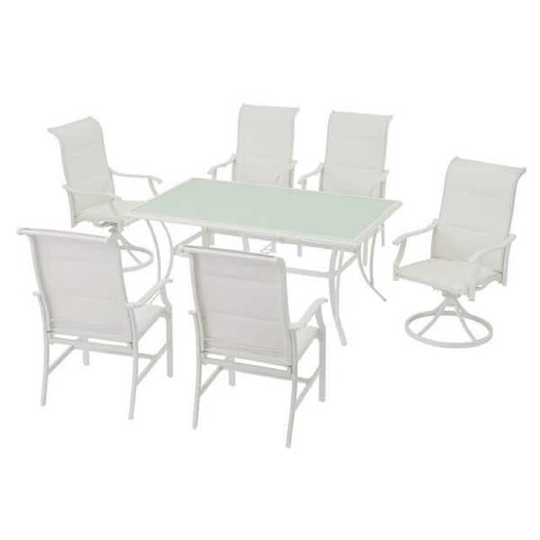 Hampton Bay Riverbrook Shell White 7-Piece Outdoor Patio Aluminum Rectangular Glass Top Dining Set with Padded Sling Chairs