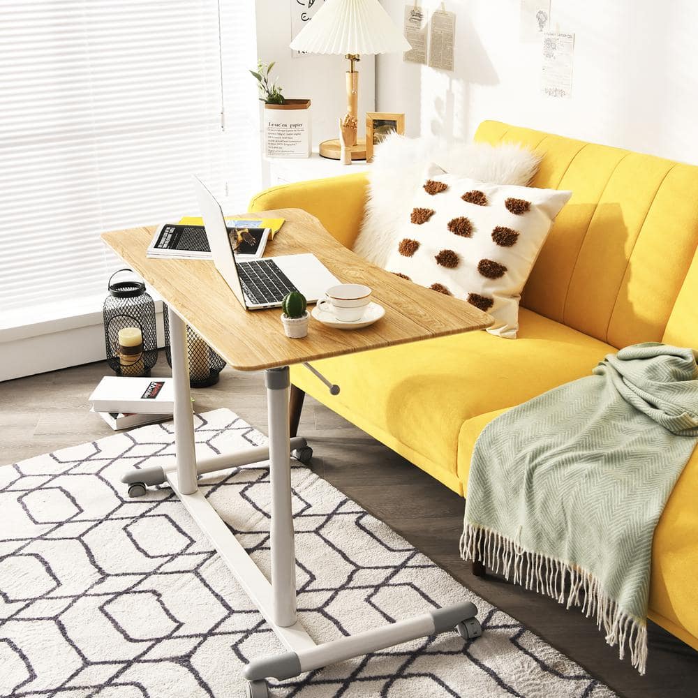 Adjustable Natural Wood and Metal U-Shaped Desk with Wheels