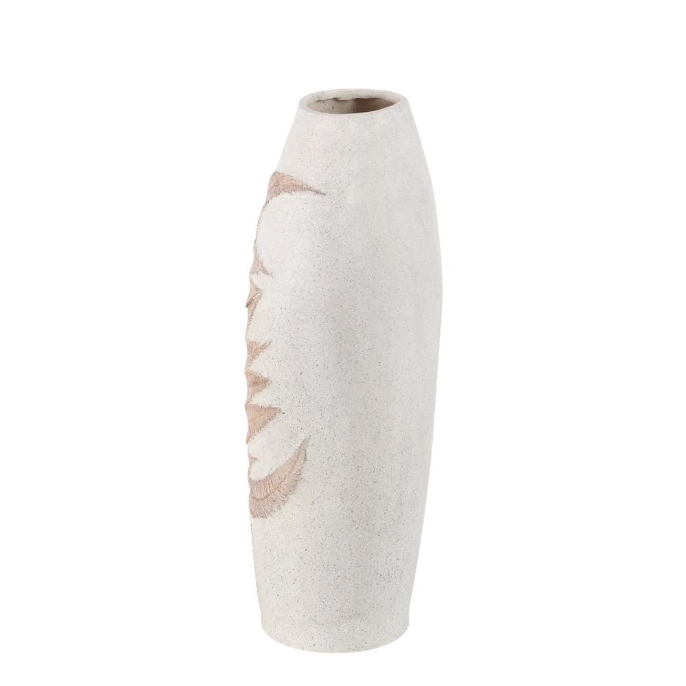 White and Beige Polystone Floor Vase with Leaf Design