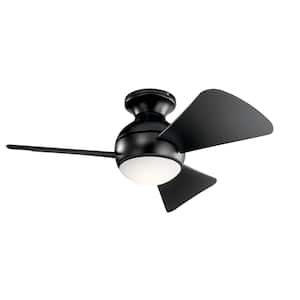 Sola 34 in. Indoor/Outdoor Satin Black Low Profile Ceiling Fan with Integrated LED with Wall Control Included