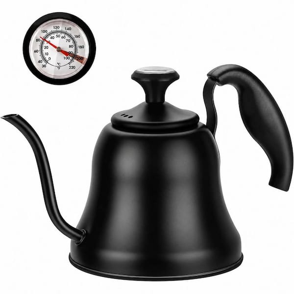Matte Black 28 oz Gooseneck Tea Kettle with Integrated Thermometer for Pour Over Coffee, Stovetop
