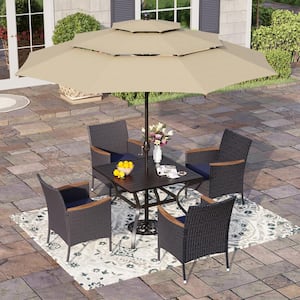 Black 6-Piece Metal Patio Outdoor Dining Set with Slat Square Table, Umbrella and Rattan Chairs with Blue Cushion